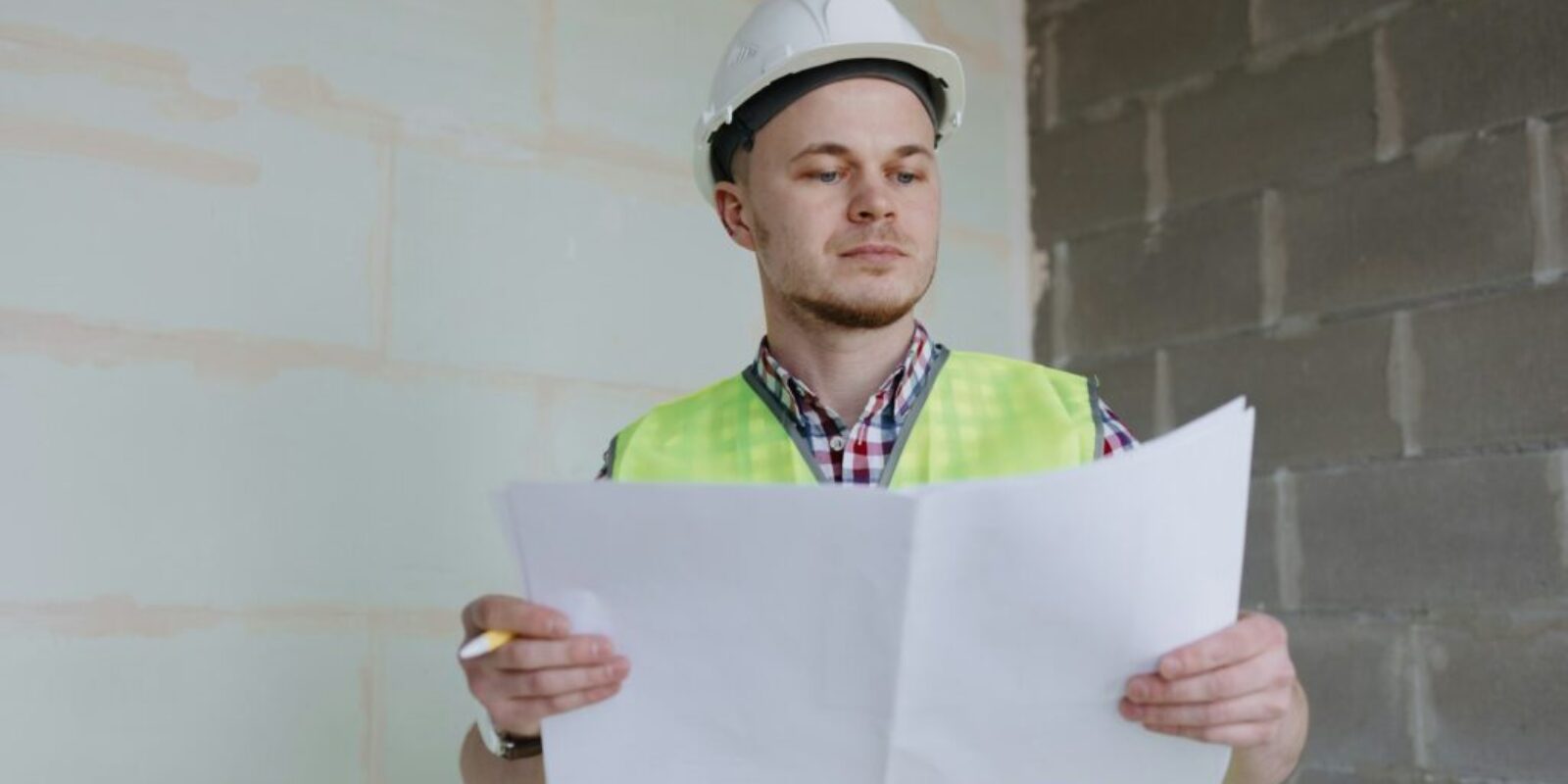 white male engineer or designer in helmet and safety vest at the construction site with a plan